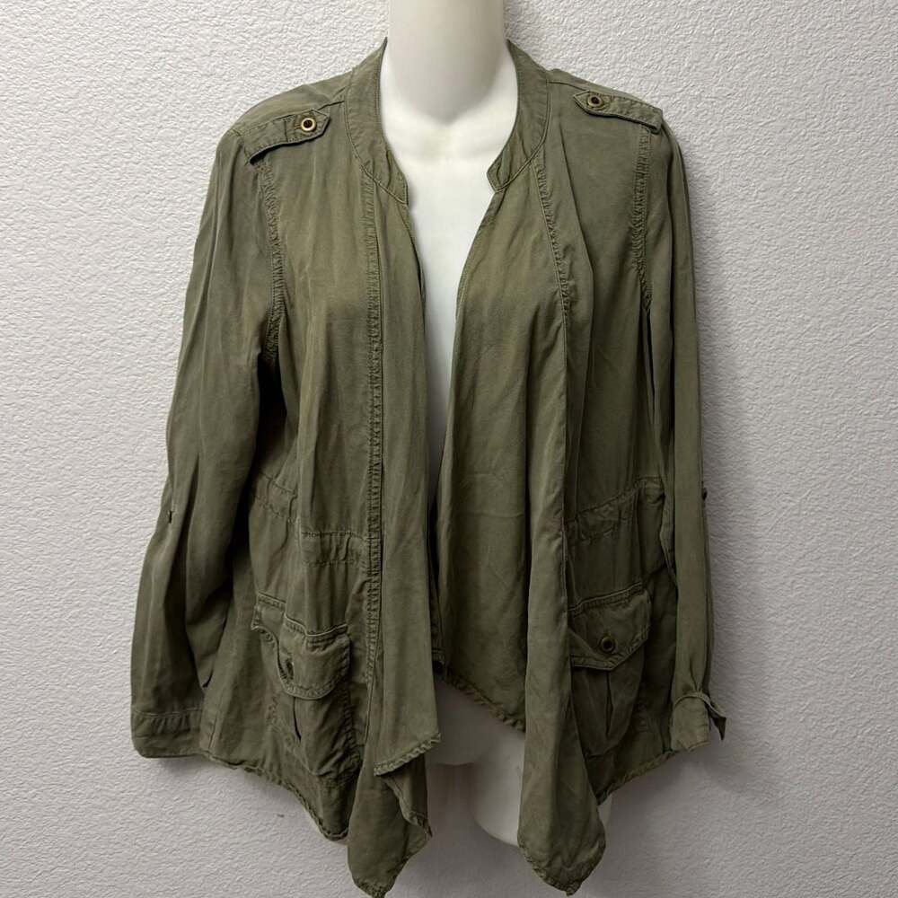 Knox Rose Olive Green Open Front Draped Lyocell Utility Jacket with Cinched Wais